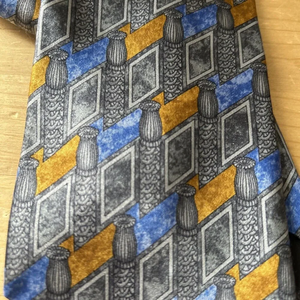 Countess Mara Tie Blue/Grey/Mustard Geometric Silk Necktie w Hang Tag 60 x 3.75